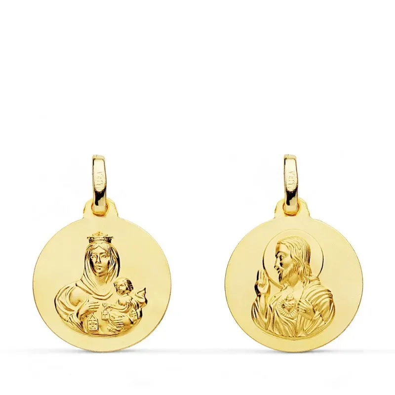 Medalla oro 18k colgante escapulario 16mm. Virgen del Carmen Corazón de Jesús lisa unisex