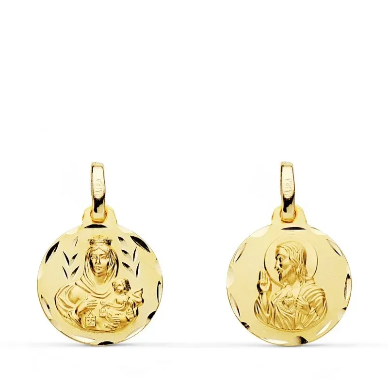 Medalla oro 18k colgante escapulario 14mm. Virgen del Carmen Corazón de Jesús tallada unisex