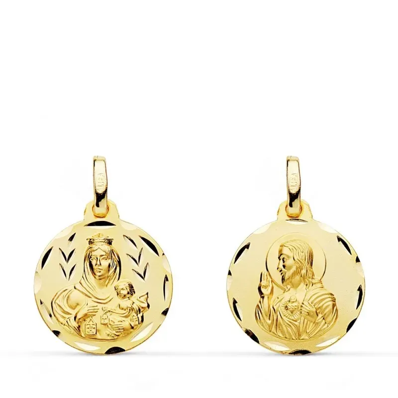 Medalla oro 18k colgante escapulario 16mm. Virgen del Carmen Corazón de Jesús tallada unisex