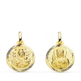 Medalla oro 18k colgante escapulario 16mm. Virgen del Carmen Corazón de Jesús cerco tallado unisex