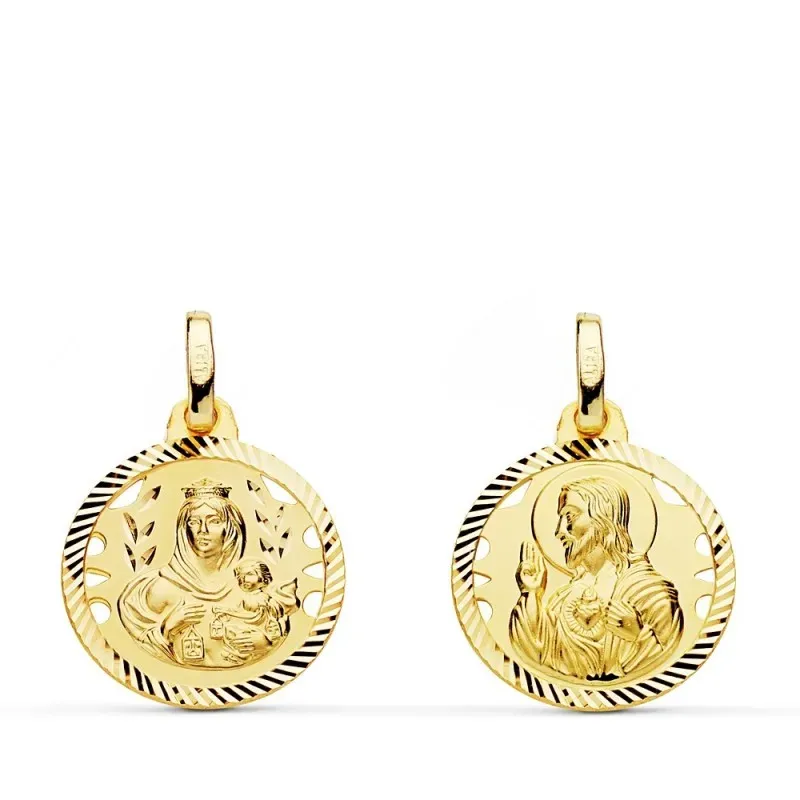 Medalla oro 18k colgante escapulario 16mm. Virgen del Carmen Corazón de Jesús cerco tallado unisex