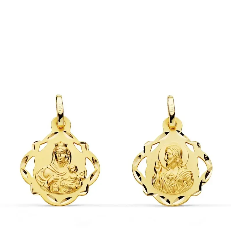 Medalla oro 18k colgante escapulario 16mm. Virgen del Carmen Corazón de Jesús calada unisex