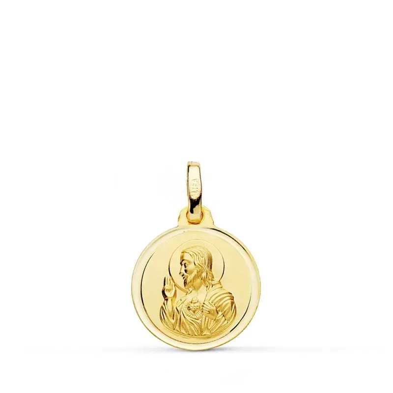 Medalla oro 18k colgante 14mm. Corazón de Jesús bisel unisex