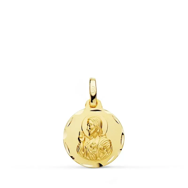 Medalla oro 18k colgante 14mm. Corazón de Jesús cerco tallado unisex