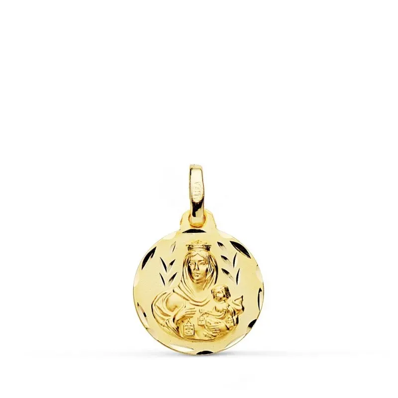 Medalla oro 18k colgante 14mm. Virgen del Carmen cerco tallado unisex