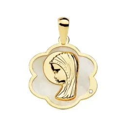 Medalla oro 18k colgante 18mm. Virgen Niña nácar circonita forma flor