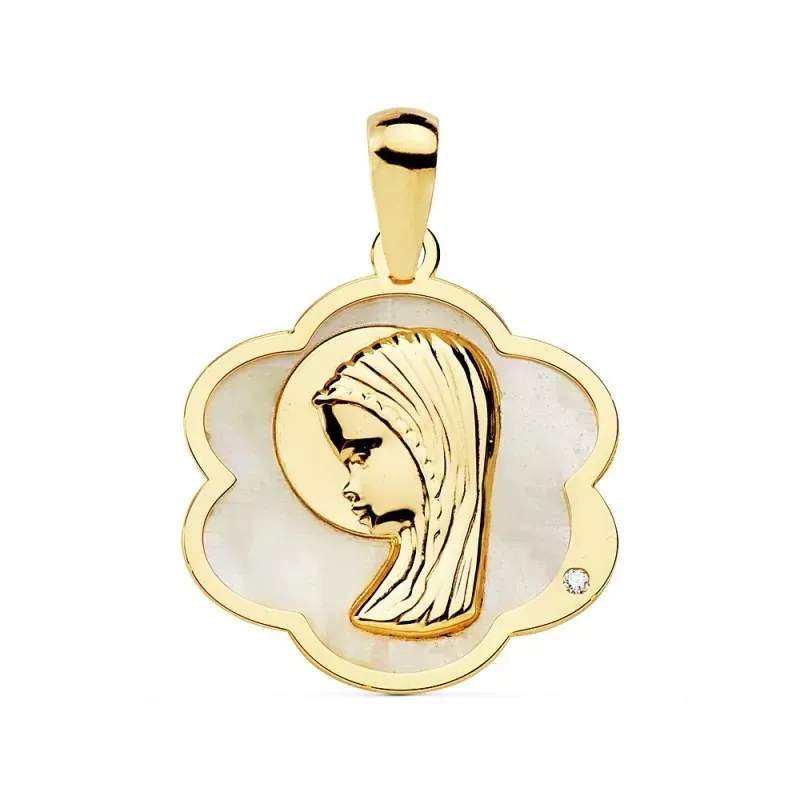 Medalla oro 18k colgante 18mm. Virgen Niña nácar circonita forma flor