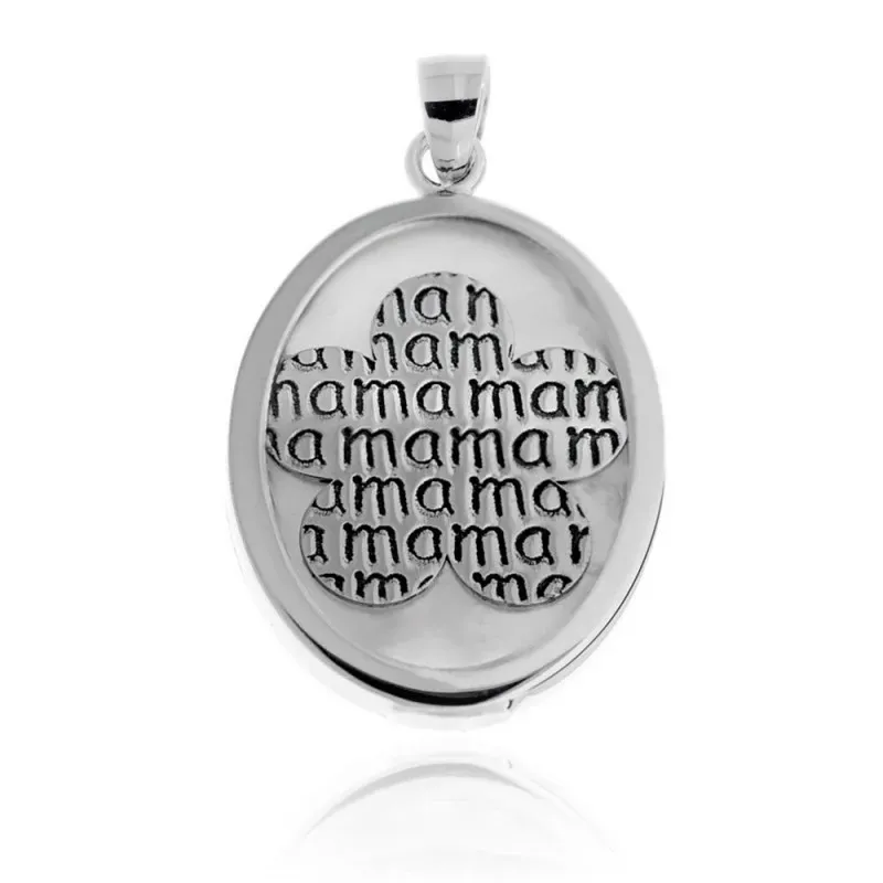Colgante plata Ley 925m rodiada MAMÁ palabra repetida 24mm. centro flor oval base nácar