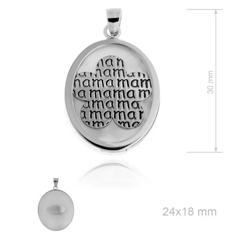 Colgante plata Ley 925m rodiada MAMÁ palabra repetida 24mm. centro flor oval base nácar