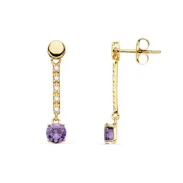 Pendientes oro 18k 25mm. piedra imitación amatista redonda detalle circonitas cierre presión