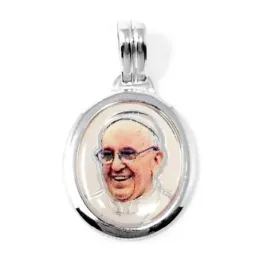 Medalla plata Ley 925m Papa Francisco 24mm. resina plástica transparente sobre imagen cerco liso