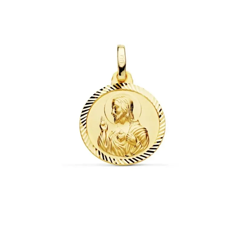 Medalla oro 18k escapulario 16mm. Corazón de Jesús Virgen del Carmen cerco tallado foma hélice