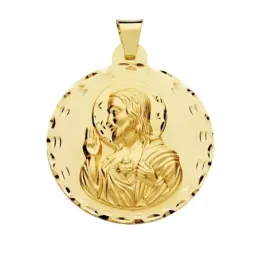 Medalla oro 18k escapulario 42mm. Corazón de Jesús Virgen del Carmen borde detalles tallados