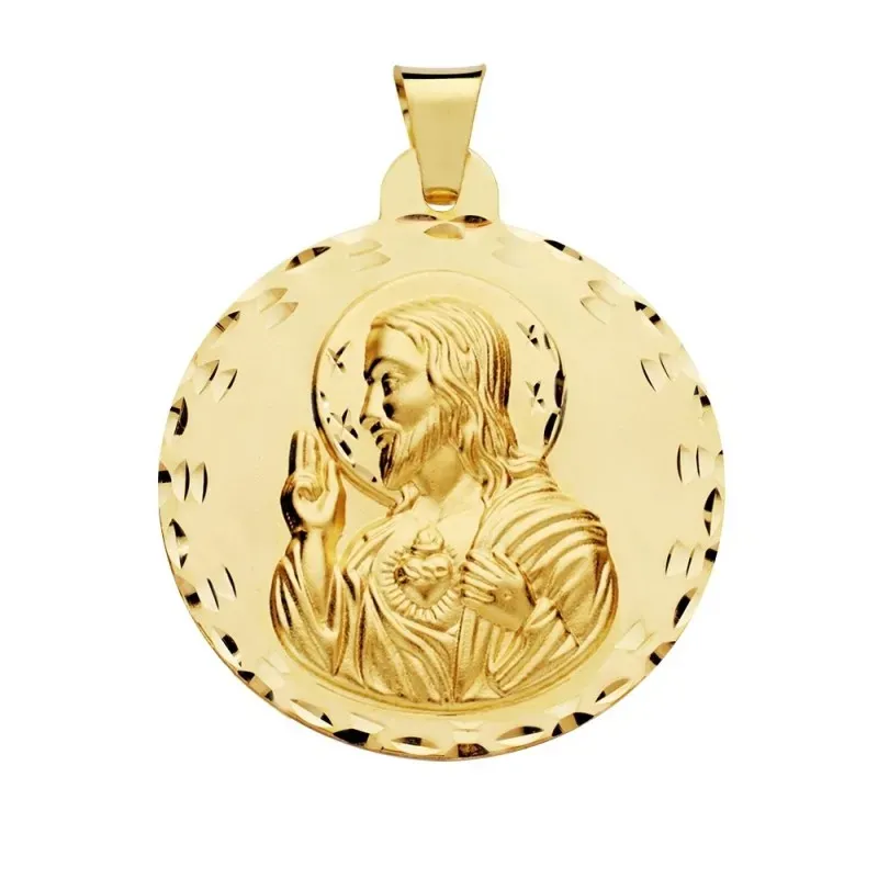 Medalla oro 18k escapulario 42mm. Corazón de Jesús Virgen del Carmen borde detalles tallados