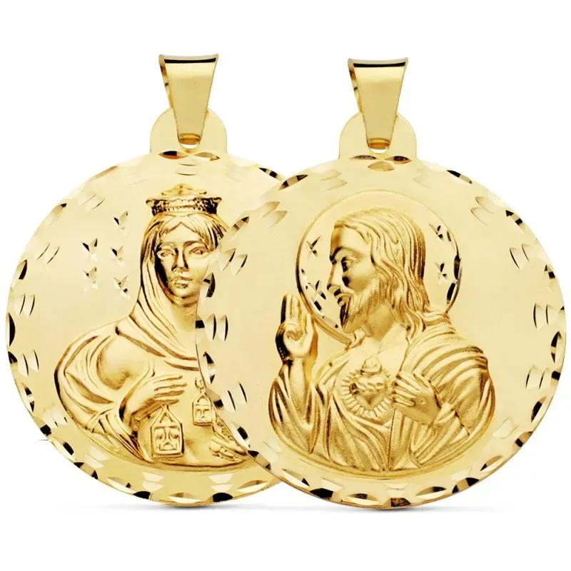Medalla oro 18k escapulario 42mm. Corazón de Jesús Virgen del Carmen borde detalles tallados