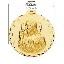 Medalla oro 18k escapulario 42mm. Corazón de Jesús Virgen del Carmen borde detalles tallados