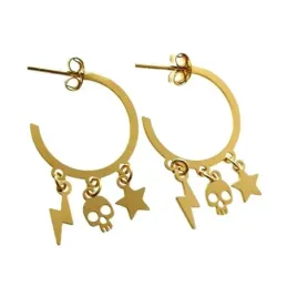 Pendientes plata Ley 925m chapados oro aro plano 17mm. rayo calavera estrella colgando en presión