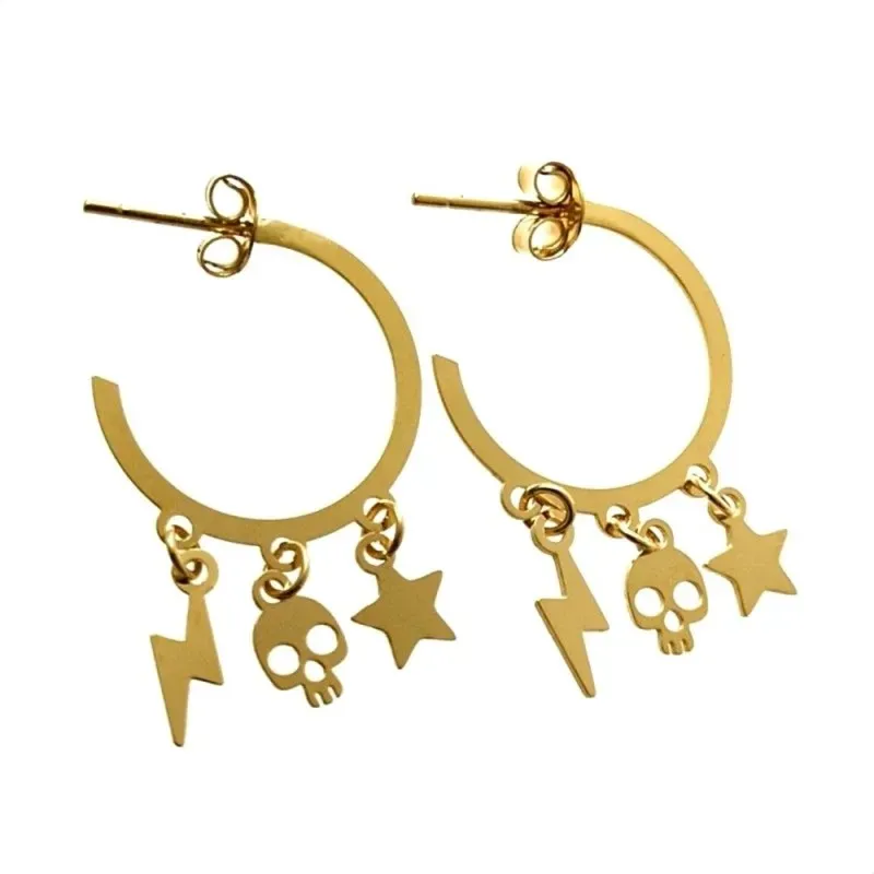Pendientes plata Ley 925m chapados oro aro plano 17mm. rayo calavera estrella colgando en presión