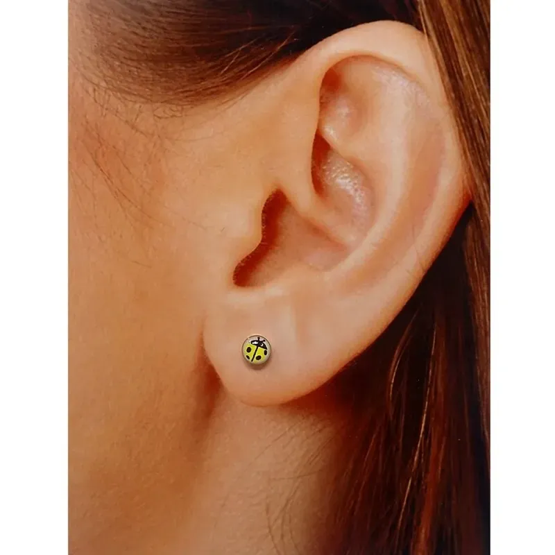 Pendientes plata Ley 925m mariquita amarilla 5mm. niña cierre presión