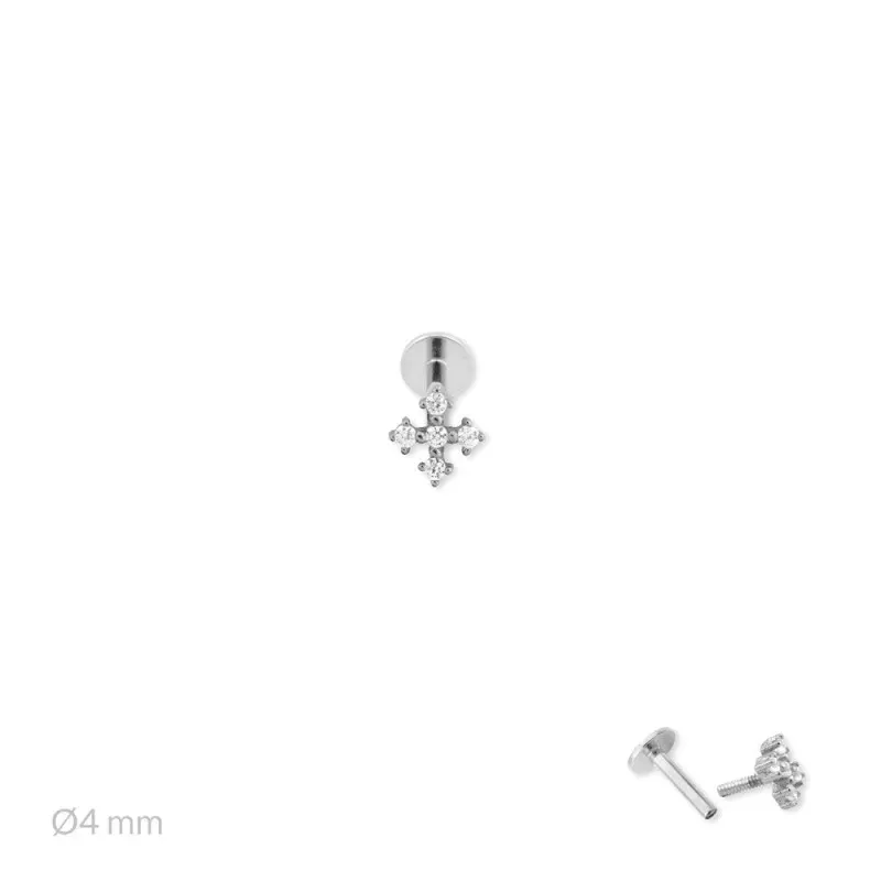 Pendiente Piercing Medio Par en Plata de Ley 925m de 4 mm. cruz con c
