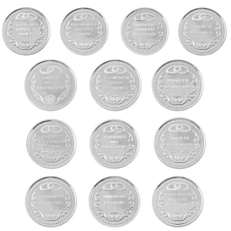 Arras de Boda Bíblicas en Plata Ley 925m de 20 mm. 13 monedas anverso
