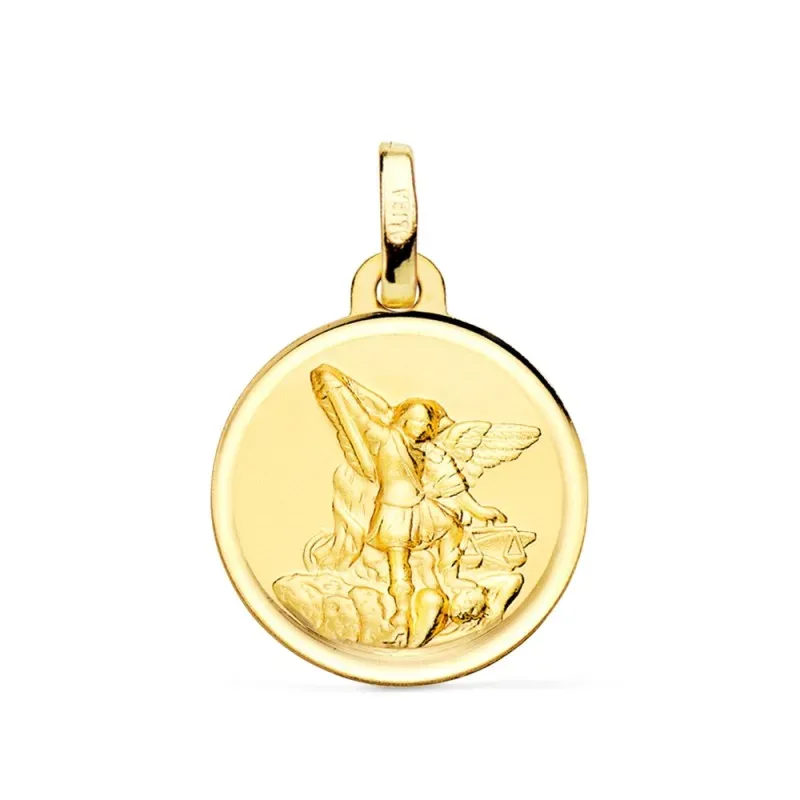 San Miguel Arcángel medalla oro 18k unisex 16 mm. detalle bisel liso
