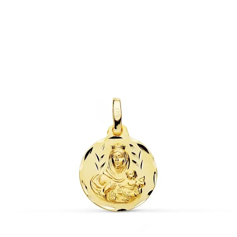Medalla oro 18k colgante 14mm. Virgen del Carmen cerco tallado unisex