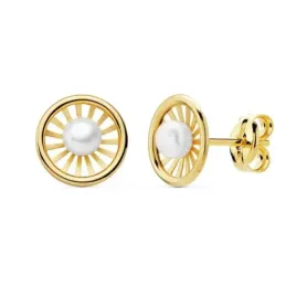 Pendientes oro 18k niña 8mm. redondos centro perla 3mm. bandas lisas calada cierre presión