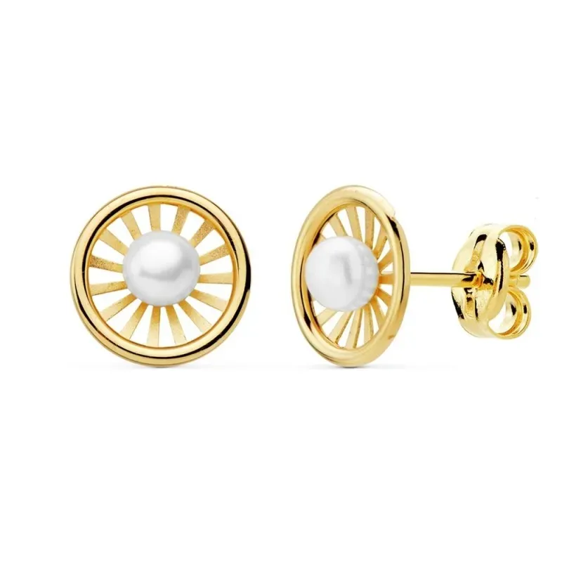 Pendientes oro 18k niña 8mm. redondos centro perla 3mm. bandas lisas calada cierre presión