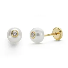 Pendientes oro 18k perla 5mm. circonita cierre tuerca [8820]