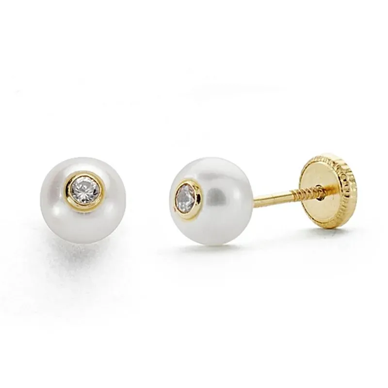 Pendientes oro 18k perla 5mm. circonita cierre tuerca [8820]