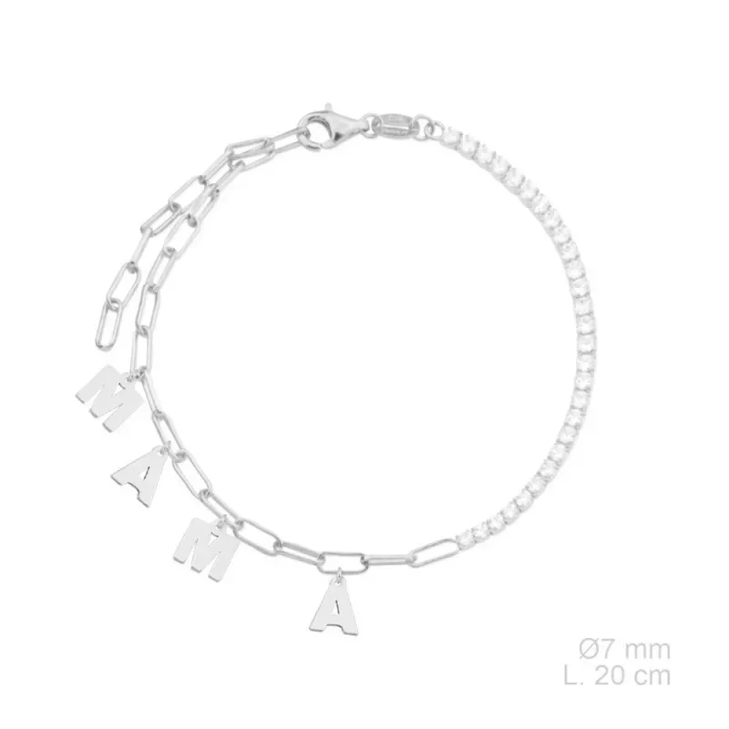 Pulsera Plata Ley 925m 20 cm. charms colgantes MAMÁ 7 mm. circonitas