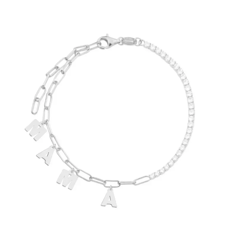 Pulsera Plata Ley 925m 20 cm. charms colgantes MAMÁ 7 mm. circonitas