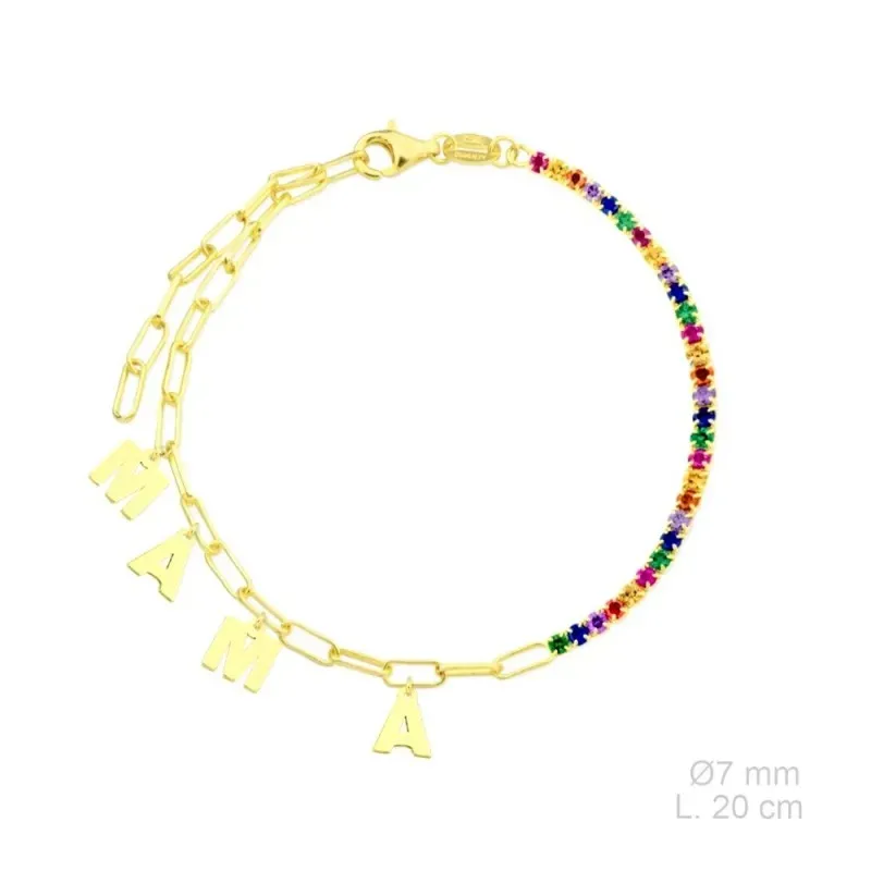 Pulsera Plata Ley 925m chapada oro 20 cm. charms MAMÁ 7 mm. circonita