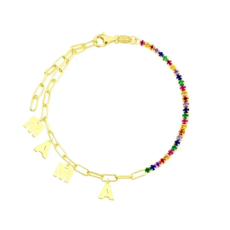 Pulsera Plata Ley 925m chapada oro 20 cm. charms MAMÁ 7 mm. circonita