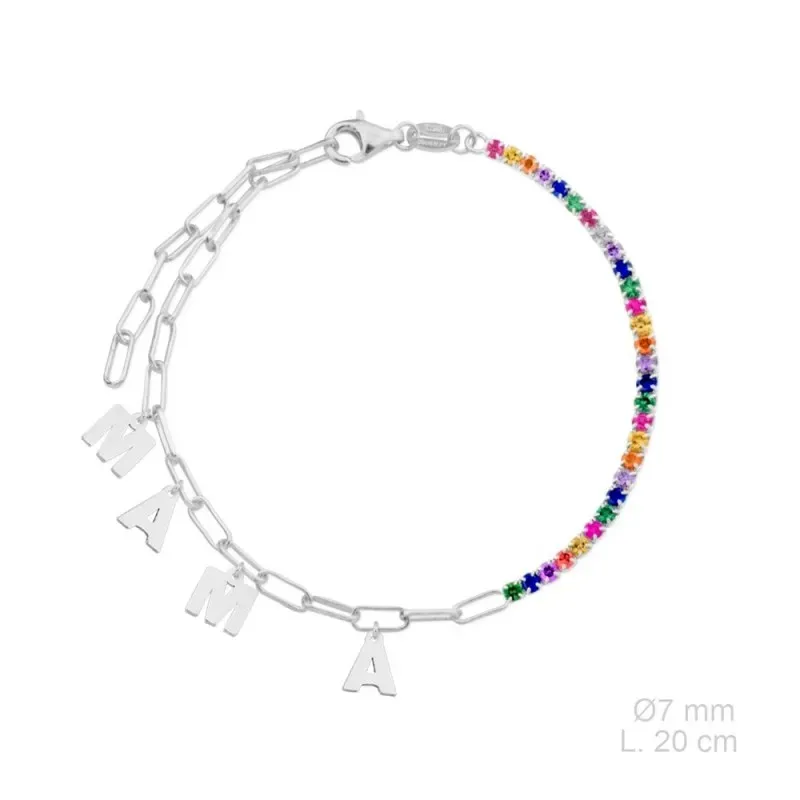 Pulsera Plata Ley 925m 20 cm. charms colgantes MAMÁ 7 mm. circonitas