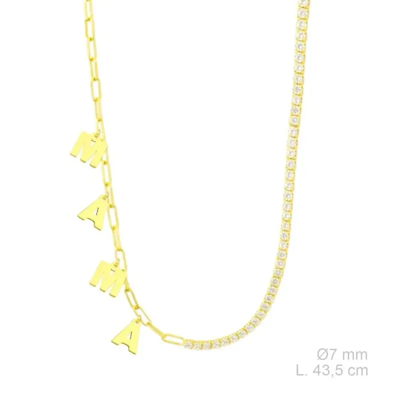 Gargantilla Plata Ley 925m chapada oro 43.5 cm. charms MAMÁ 7 mm. cir