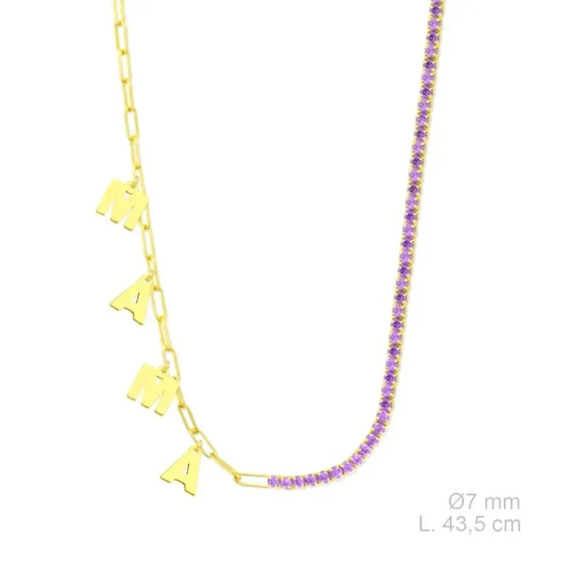 Gargantilla Plata Ley 925m chapada oro 43.5 cm. charms MAMÁ 7 mm. cir