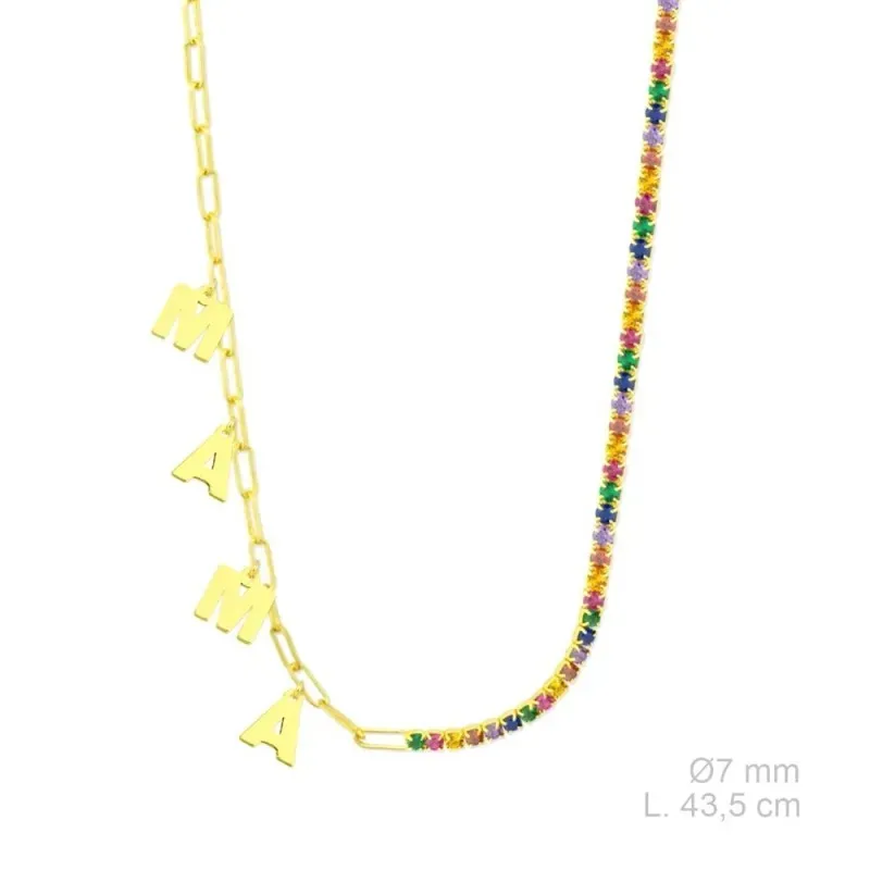 Gargantilla Plata Ley 925m chapada oro 43.5 cm. charms MAMÁ 7 mm. cir