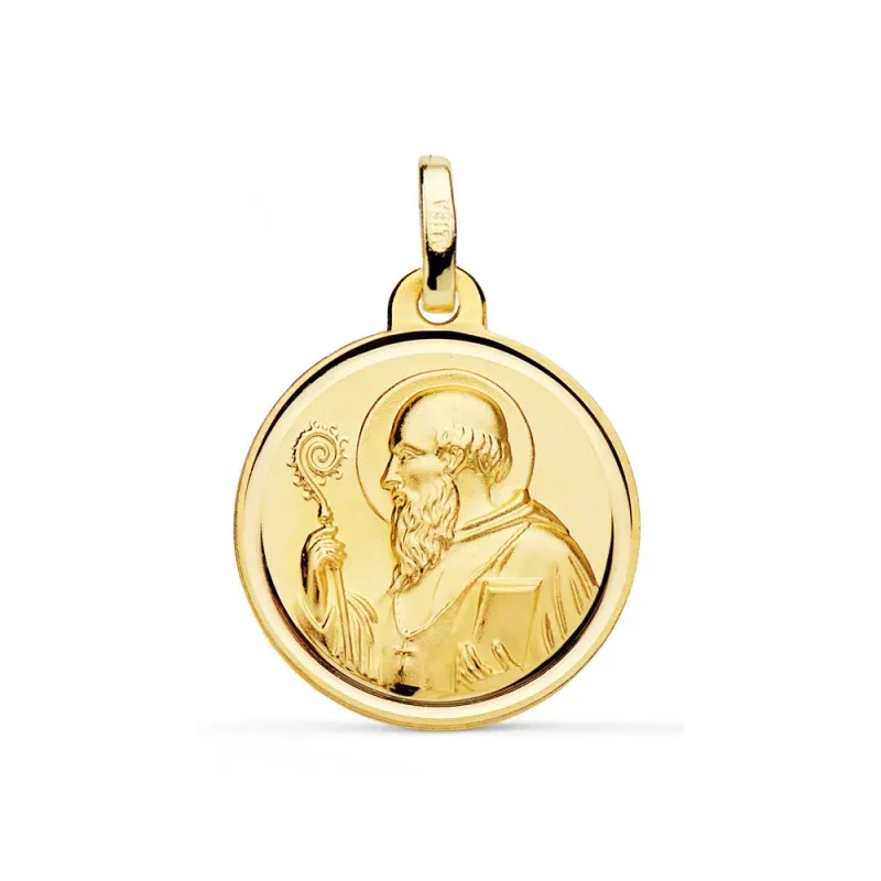 Medalla oro 9k escapulario 18mm. San Benito redondo cerco bisel