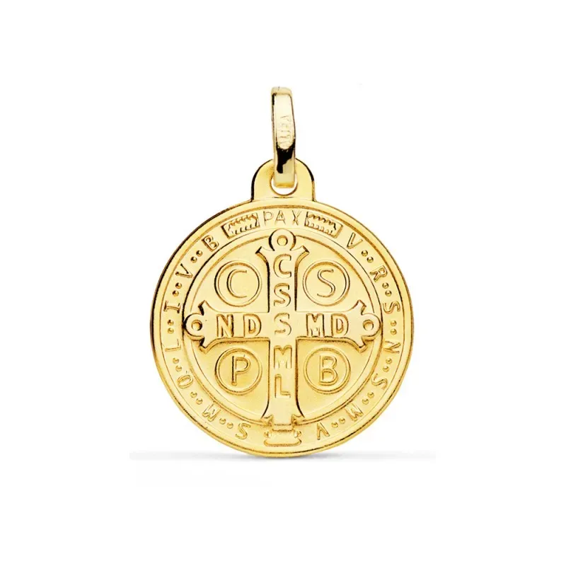 Medalla oro 9k escapulario 18mm. San Benito redondo cerco bisel