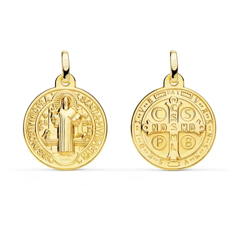 Medalla oro 18k escapulario 18mm. San Benito redondo trasera cruz