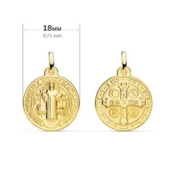 Medalla oro 18k escapulario 18mm. San Benito redondo trasera cruz