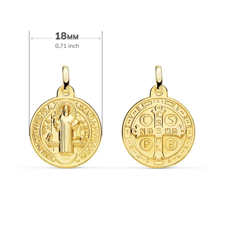 Medalla oro 18k escapulario 18mm. San Benito redondo trasera cruz