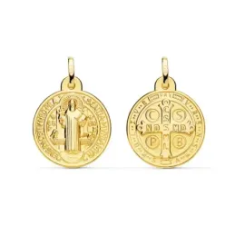 Medalla oro 18k escapulario 20mm. San Benito redondo trasera cruz