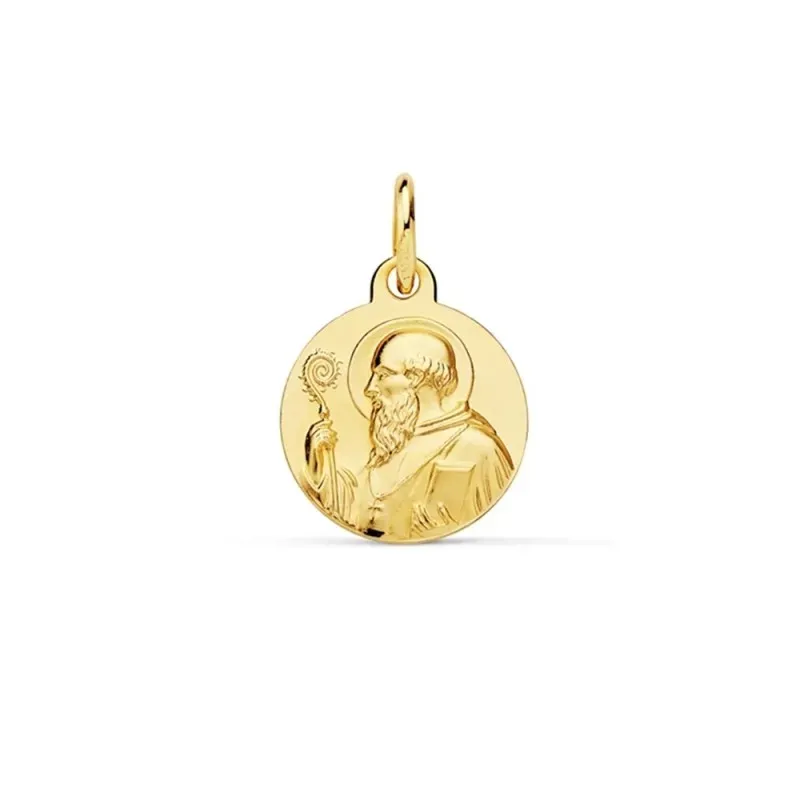 Medalla oro 18k escapulario San Benito 12mm. redondo liso matizado relieve