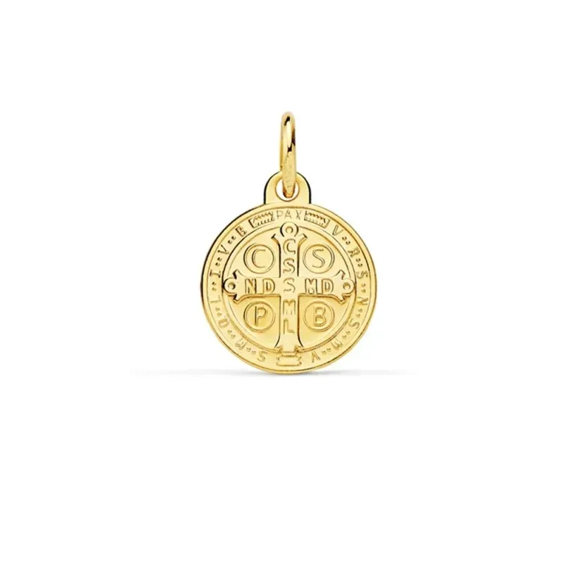 Medalla oro 18k escapulario San Benito 12mm. redondo liso matizado relieve