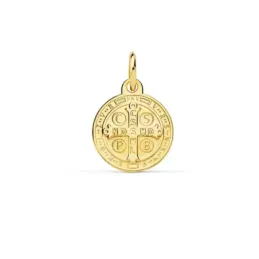 Medalla oro 18k escapulario San Benito 12mm. redondo liso matizado relieve