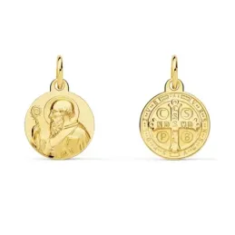 Medalla oro 18k escapulario San Benito 12mm. redondo liso matizado relieve