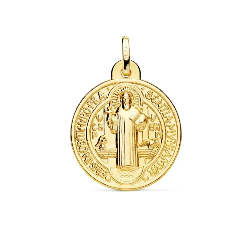 Medalla oro  18k escapulario San Benito monje 24mm. brillo relieve